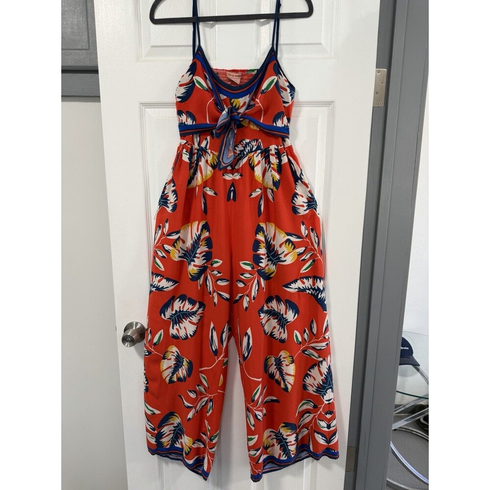 Flying Tomato Tropical Floral Wide Leg Jumpsuit Coral Red Tie Front Size Large